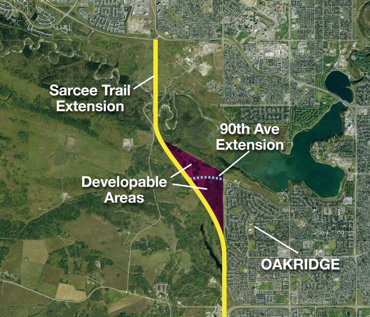 Developable area of Tsuu T'ina reserve, identified in the 1984 Sarcee Trail Planning Study